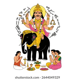 Uma representação vibrante de Vishwakarma Puja, mostrando Lord Vishwakarma sentado em um elefante divino, cercado por ferramentas sagradas que simbolizam artesanato e criação. 