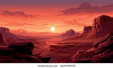 Vibrant Desert Canyon Landscape at Dramatic Red Sunset
