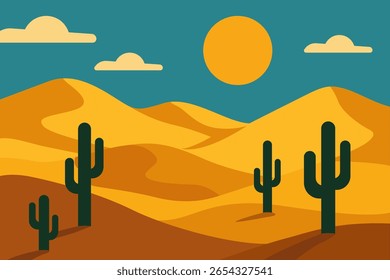 Paisagem desértica vibrante com cactos contra um céu azul claro. O design minimalista apresenta dunas rolantes e um sol brilhante, evocando calma e beleza natural.