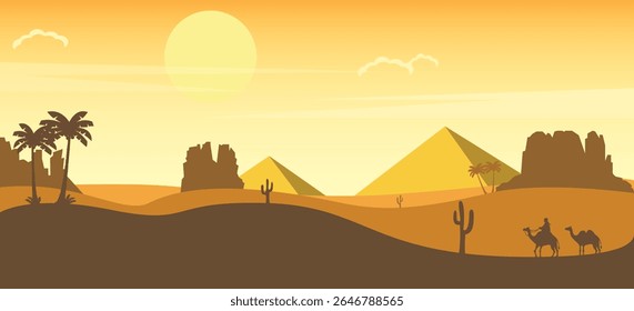 Uma paisagem desértica vibrante com pirâmides, palmeiras, cactos e um cavaleiro de camelo sob um grande sol