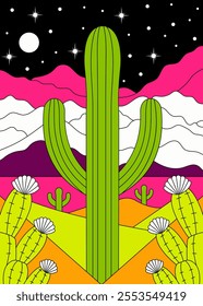 Vibrant Desert Nightscape with Cactus and Starry Sky in Bold Colors