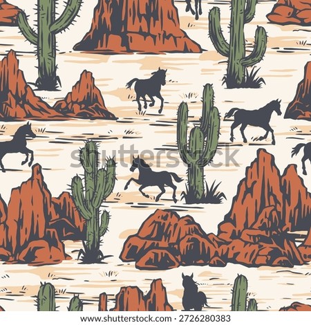 A vibrant desert scene features rocky formations and tall cacti with wild horses running freely across the sandy ground under a clear sky. The colors reflect a warm and lively atmosphere.