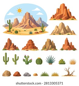 Vibrant desert scene featuring tall pyramid shaped cacti and various desert plants under a bright blue sky