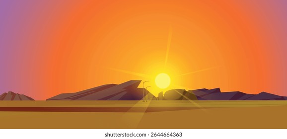 Paisagem de pôr do sol do deserto vibrante com um grande e brilhante sol que se põe atrás de montanhas escuras e vegetação esparsa.