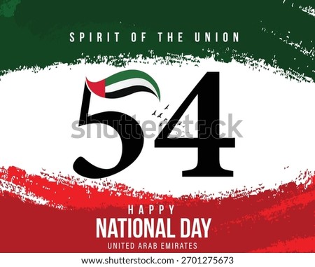 Vibrant design celebrating the 54th UAE National Day with bold typography, UAE flag colors, and the phrase “Spirit of the Union.”