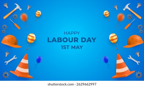 A vibrant design celebrating Labor Day, depicting tools, balloons, hard hats, and safety cones on a blue background.
