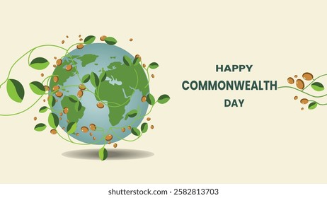 A vibrant design for Commonwealth Day featuring a green Earth embraced by nature, symbolizing environmental sustainability, unity, and the shared responsibility of Commonwealth nations.