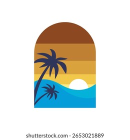 Um design vibrante representando um pôr do sol tropical vívido com palmeiras, ondas oceânicas e cores quentes. Ideal para temas de relaxamento, natureza e projetos relacionados a viagens.