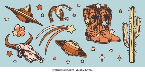 Um design vibrante apresenta botas de cowboy um cavalo caveira ferraduras estrelas e cactos. O arranjo lúdico captura a essência da cultura de rodeio e do oeste selvagem.