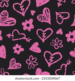 A vibrant design features pink hearts and flowers scattered across a black background. The hearts are stylized with break marks adding a playful touch to the artwork.