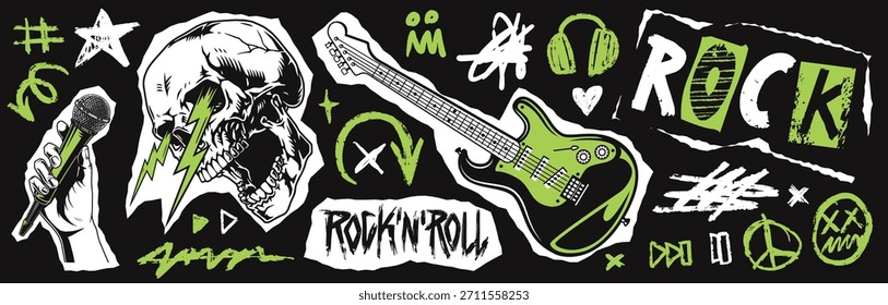 Ein lebendiges Design verfügt über ein Totenkopf-Mikrofon und Gitarre alle in fett grün und schwarz.