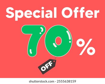 A vibrant design featuring "70% OFF" in bold font, surrounded by a colorful burst effect. The background is a gradient of red or orange, creating excitement and urgency for the limited-time offer