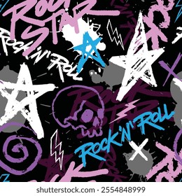 A vibrant design featuring bold colors and graphics including stars skulls and expressive text. The pattern conveys an energetic rock and roll vibe suitable for music lovers.