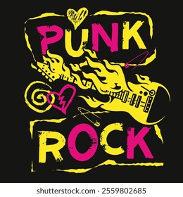 A vibrant design featuring bold lettering that expresses love for punk rock. Flames and a guitar are portrayed alongside safety pins creating an energetic and rebellious vibe.