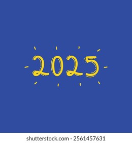 A vibrant design featuring bold yellow '2025' text with abstract strokes on a blue background, conveying creativity and energy for the upcoming year. Ideal for New Year or event graphics.