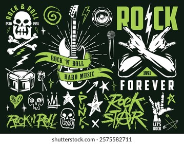 A vibrant design featuring classic rock and roll motifs including guitars skulls and microphones. This artwork celebrates the essence of hard music and youth culture.