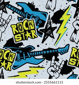 A vibrant design featuring electric guitars lightning bolts and rock hand signs against a playful background celebrating the spirit of music and rock culture.