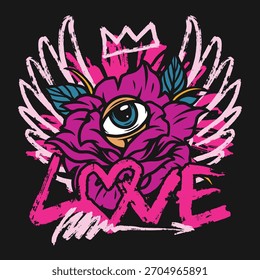 Un diseño vibrante con un ojo rosa y alas con la palabra amor en letras en negrita. La obra de arte utiliza una mezcla de rosas y azules sobre un fondo oscuro para un efecto llamativo.