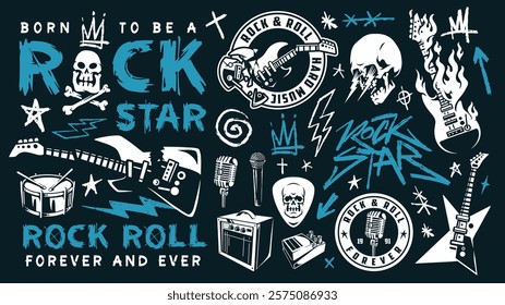 A vibrant design featuring guitars microphones and skulls capturing the spirit of rock music. Colorful illustrations symbolize the energy and creativity of rock stars.