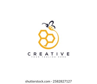 Vibrant Design Featuring Honeycomb Patterns and Bee, Perfect Logo for Brands Focused on Honey Bee and Bee Hive. Honey Bee Creative Brand Identity Logo Design.