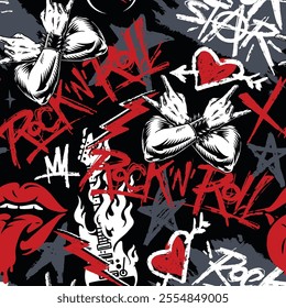 A vibrant design featuring rock and roll elements such as guitars stars hearts and devil horns. The bold colors and dynamic shapes create an energetic vibe perfect for music enthusiasts.