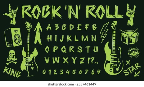 A vibrant design featuring rock and roll elements such as electric guitars musical symbols and the phrase rock n roll in bold letters. The art captures the spirit of music and rebellion.