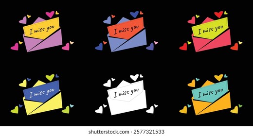 A vibrant design featuring six colorful envelopes, each containing a handwritten note saying "I miss you." The envelopes are in various hues, and small hearts in various colors are scattered around th