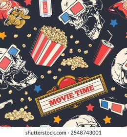 A vibrant design featuring skulls alongside classic movie snacks like popcorn drinks and candy creating a unique and playful cinema theme for decoration or merchandise.