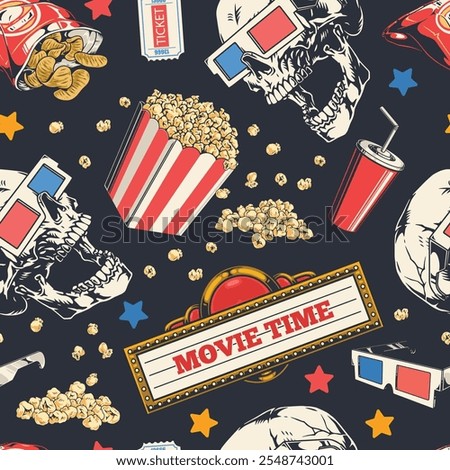 A vibrant design featuring skulls alongside classic movie snacks like popcorn drinks and candy creating a unique and playful cinema theme for decoration or merchandise.