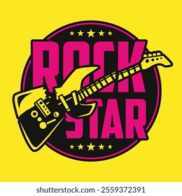 A vibrant design featuring a stylized electric guitar and bold lettering that reads rock star.