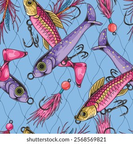 A vibrant design featuring various fishing lures and colorful fish against a light blue background. The lures include hooks and colorful feathers showcasing an engaging fishing theme.