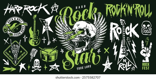 A vibrant design featuring various rock and roll elements including guitars skulls and stars. The color palette combines black and green creating a bold and energetic vibe.