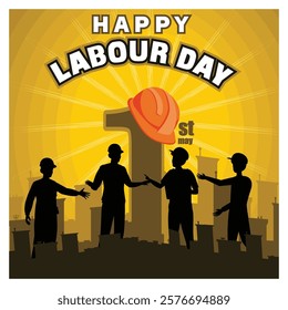 A vibrant design for Labor Day featuring workers in silhouette with industrial buildings under a radiant yellow background, commemorating May 1. Flat vector modern illustration 