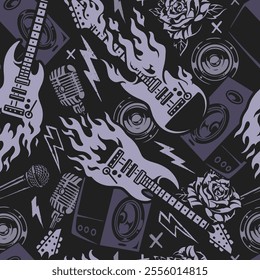 A vibrant design showcases electric guitars with flames microphones and roses against a dark background. The elements reflect a strong rock music theme and dynamic energy.