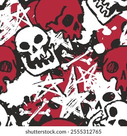 A vibrant design showcases red and black skulls with white star patterns and bones. The graphic art evokes a bold edgy style suitable for various creative projects.