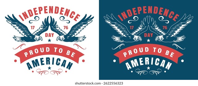 A vibrant design showcases two eagles soaring above bold text celebrating Independence Day. The colors symbolize patriotism and the American spirit during festivities.