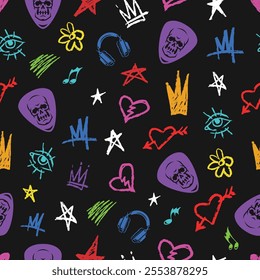 A vibrant design showcases a variety of doodles including skulls hearts stars and musical elements. The rich colors stand out against a solid black background creating an energetic feel.