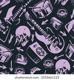 A vibrant design showcasing electric guitars drums and musical elements in a repeating pattern. The theme combines rock music visuals with bold colors and shapes perfect for enthusiasts.