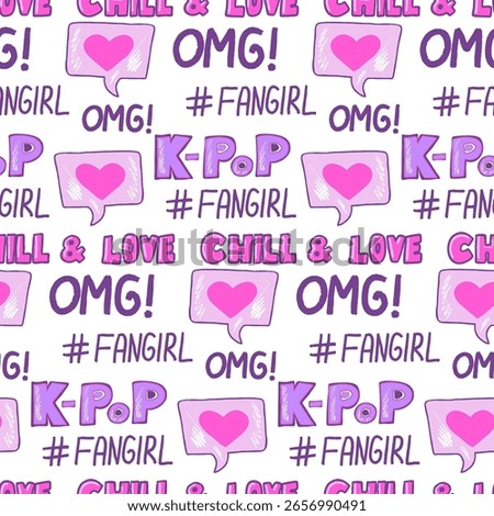 A vibrant design showcasing playful text and symbols related to K-pop culture, emphasizing fandom, love, and excitement, ideal for various trendy applications.