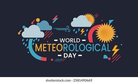 A vibrant design for World Meteorological Day, featuring weather symbols like clouds, sun, rain, lightning, and wind. Celebrating the importance of meteorology and global weather awareness.