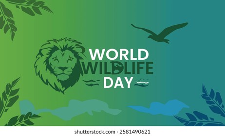  A vibrant design for World Wildlife Day featuring a lion, bird, and lush greenery. Celebrating the importance of wildlife and conservation, with a focus on protecting nature and animal species.