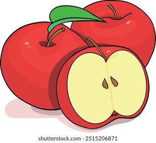 ¡Ilustración vectorial de manzana vibrante y detallada! Esta obra de arte presenta un trío de manzanas rojas, incluida una manzana cortada a la mitad que muestra sus semillas, todo en un estilo limpio y moderno. Perfecto para el diseño relacionado con la comida