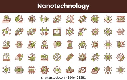 Uma coleção vibrante e detalhada de ícones da nanotecnologia, com vários símbolos e estruturas científicas, colocados contra um fundo marrom quente.