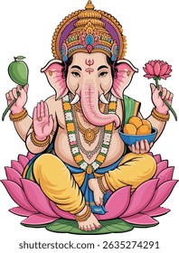 Uma vibrante e detalhada ilustração digital da divindade hindu Ganesha, rendida como um strikin