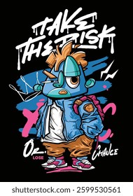 A vibrant and detailed graffiti-style illustration featuring a cool street art character wearing a snapback, hoodie, and sunglasses. The bold colors and urban aesthetic make this vector artwork