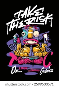 A vibrant and detailed graffiti-style illustration featuring a cool street art character wearing a snapback, hoodie, and sunglasses. The bold colors and urban aesthetic make this vector artwork