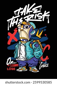 A vibrant and detailed graffiti-style illustration featuring a cool street art character wearing a snapback, hoodie, and sunglasses. The bold colors and urban aesthetic make this vector artwork