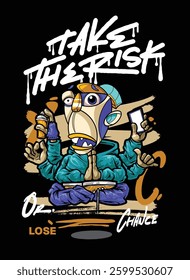 A vibrant and detailed graffiti-style illustration featuring a cool street art character wearing a snapback, hoodie, and sunglasses. The bold colors and urban aesthetic make this vector artwork
