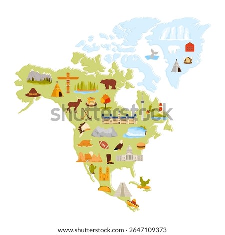 A vibrant and detailed illustrated map of North America showcasing various cultural and natural icons, including landmarks, wildlife, and traditional symbols. Perfect for educational and decorative