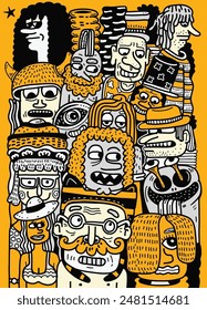 A vibrant and detailed illustration of abstract doodle characters in various colors set against a yellow background, showcasing diverse and whimsical designs.
